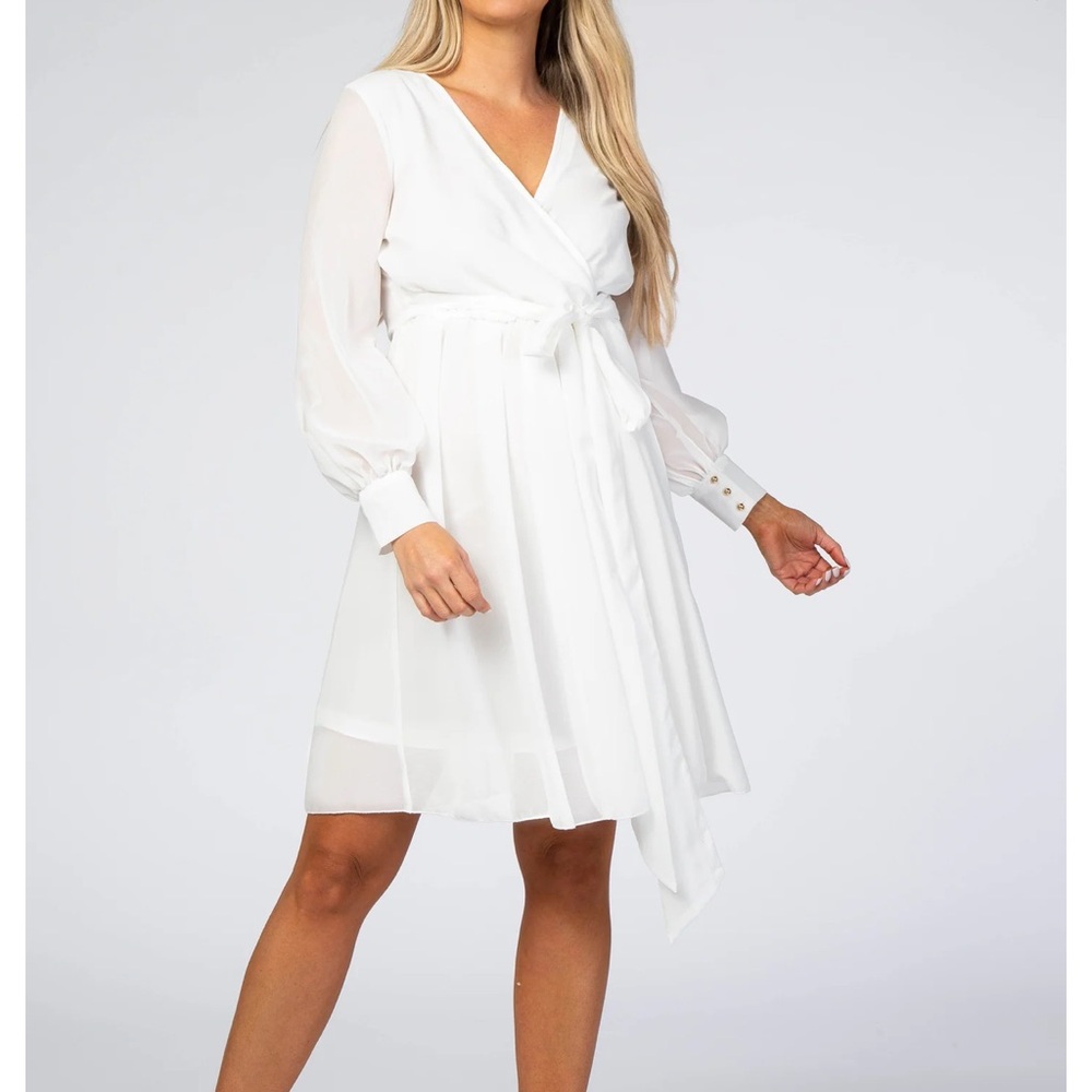 NWOT PinkBlush White Chiffon Wrap Mini Dress w/ Tuxedo Long Sleeves